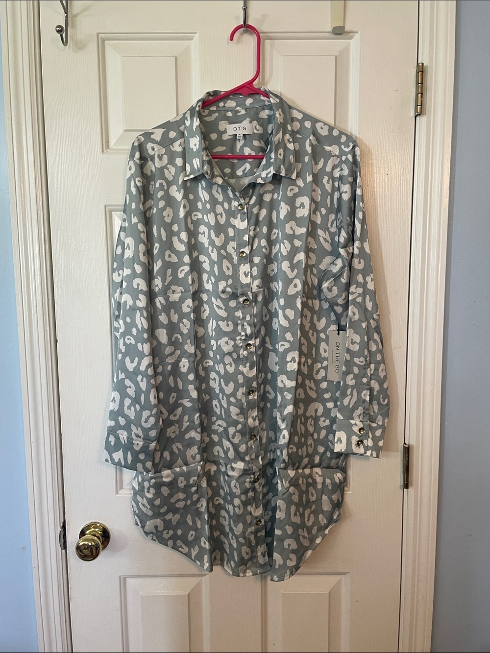 OTG Light Teal & White Leopard Button-Up Tunic or Shirt Dress